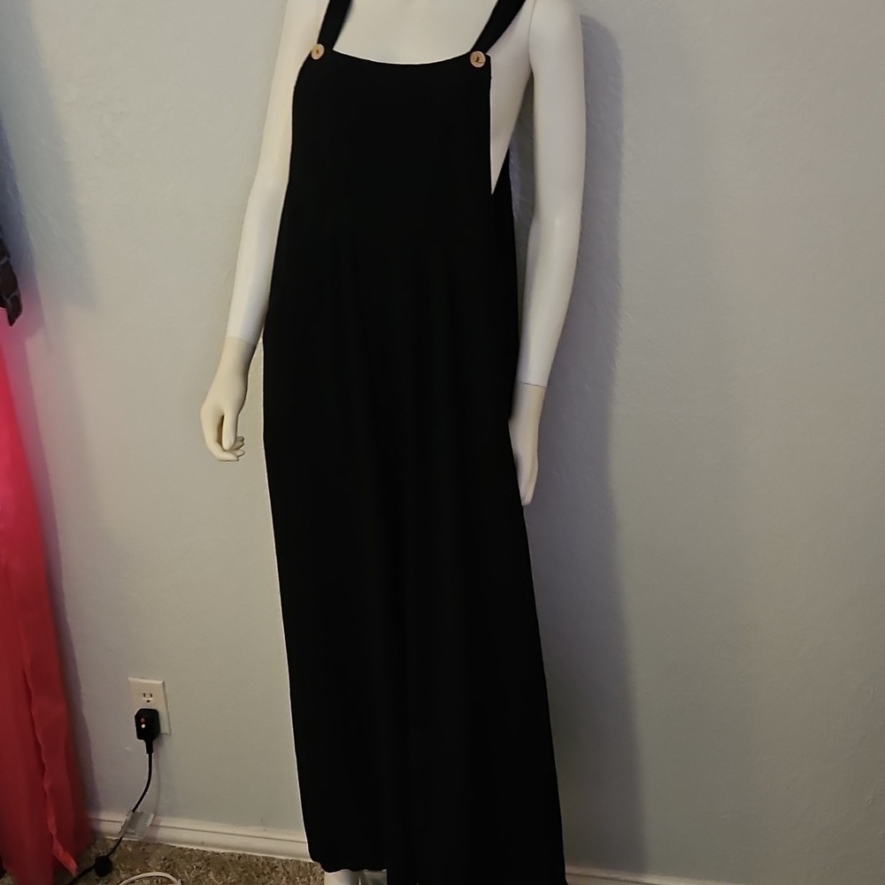 Vtg DACESLON Oversized Baggy Linen Blend Wide Leg Black Overall Jumpsuit - Picture 3 of 12